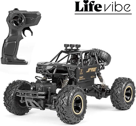 LifeVibe© Bestuurbare Auto Zwart - Voor Off-Road en op de Weg - 4X4 aandrijving - Afstand bestuurbaar - RC Auto Model 2025 - Inclusief Extra Accu