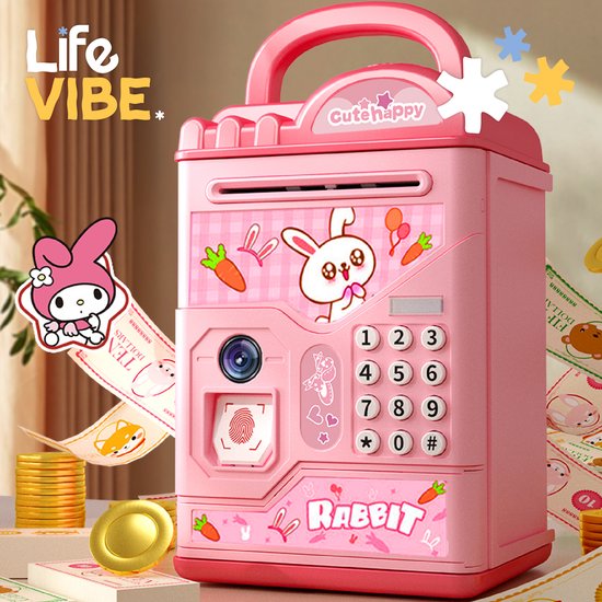 LifeVibe© Spaarpot voor Kinderen met Pincode & Vingerafdruk - Kluis - Piggy Bank - Munt en Briefgeld - Roze