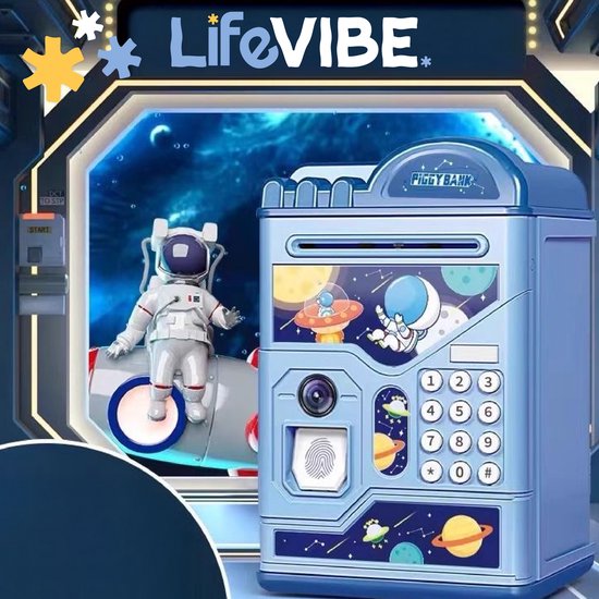 LifeVibe© Spaarpot voor Kinderen met Pincode & Vingerafdruk - Kluis - Piggy Bank - Munt en Briefgeld - Blauw