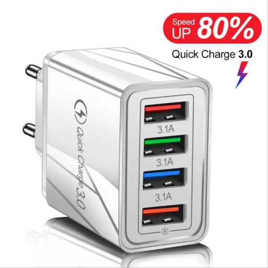 USB snel lader/Quick Charger 3.0 - Snellader ZWART / WIT - Oplader voor Smartphones en Tablets - Thuislader - Universele Adapter met 4 usb poorten - telefoonstekker