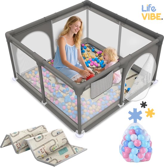 LifeVibe® Baby Grondbox Vierkant Grijs – Babybox – Speelbox – Kruipbox - Kinderbox - Babypark - Playpen Baby - 150x150x62 CM