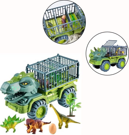 XL Speelset Dinosaurus T-Rex Tyrannosaurus Triceratops Truck Dino Vrachtauto 39CM - met 3 Dinosaurussen en Ei - Vrachtwagen heeft Beweegbare Delen - Kooi kan open - 2 Modellen worden willekeurig geleverd bij een bestelling