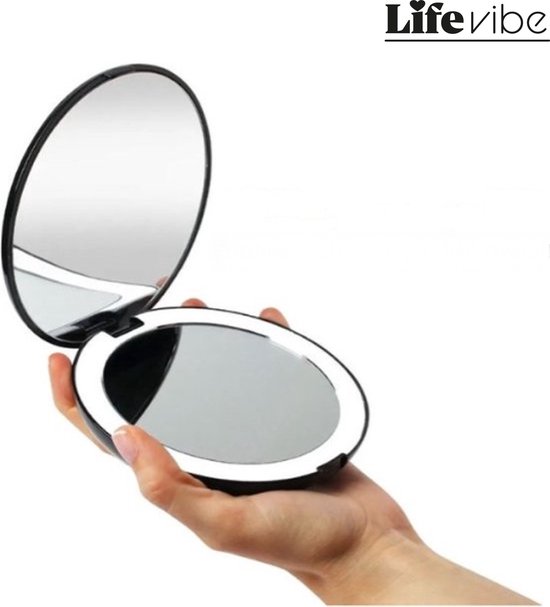 LifeVibe® Compacte Make up Spiegel met Verlichting - Handspiegel - Zakspiegel - Reisspiegel - LED - Oplaadbaar - 3 Dimbare Lichtstanden