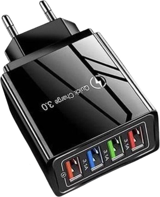 Zwarte USB snel lader/Quick Charger 3.0 - USB stekker - USB Lader - Oplader voor Smartphones en Tablets - Thuislader - Universele Adapter met 4 usb poorten - telefoonstekker